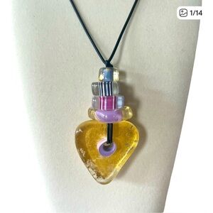 Vintage 80s Murano Glass Necklace in Gold Pink and Lilac on a Black Leather Cord